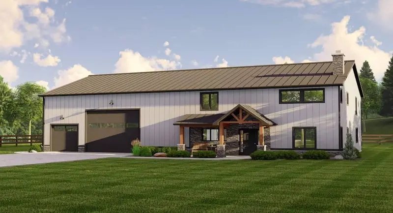 Barndominium Design With Front-Entry Garage, Soaring Two-Story Great Room, And Industrial-Chic Appeal 1