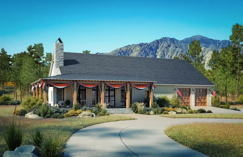 Barndominium Home Plan With Wraparound Porch And Vaulted Great Room 1