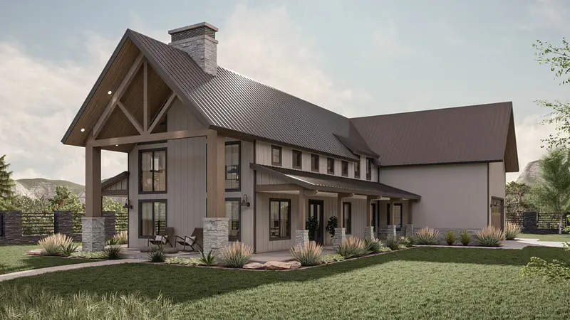Contemporary Barndominium Design: 3,192 Sq Ft With Wraparound Porch, Soaring Two-Story Great Room, And Side-Entry Garage 1