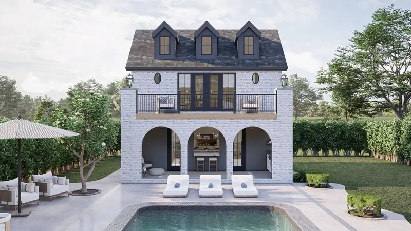 Elegant Cottage Pool House: Two-Story Great Room & Refined 803 Sq Ft Design 1