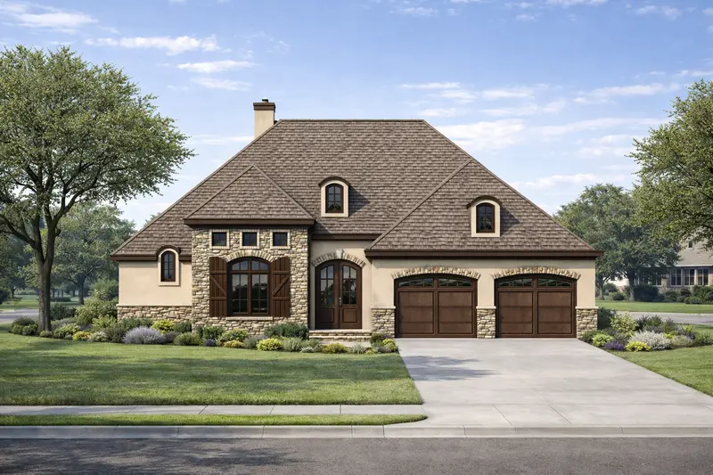 French Country Cottage Plan: 2 Bedrooms, Open Floorplan & 2-Car Garage, 1,351 Sq Ft 1