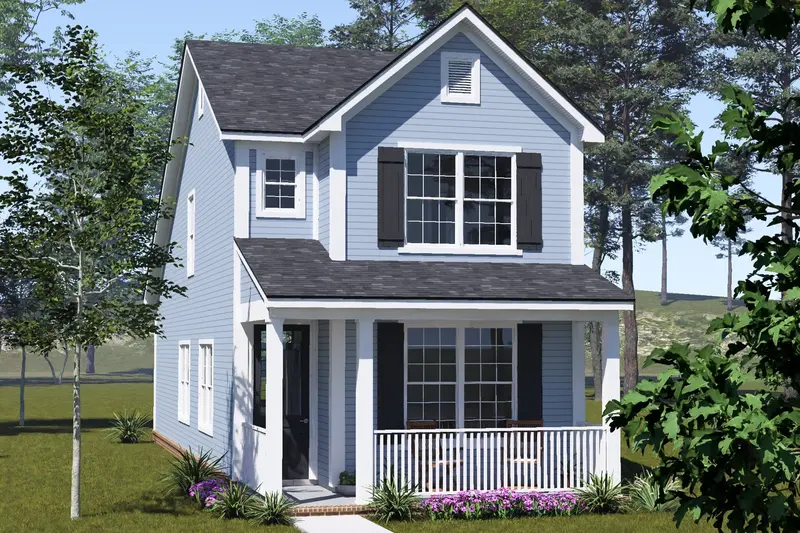 Narrow-Lot Cottage Design With 3 Bedrooms And Two-Story Great Room | 1,357 Sq Ft 1
