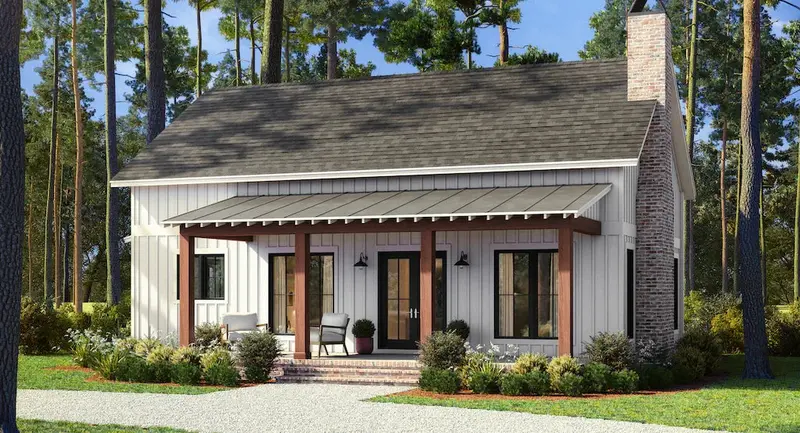 Rustic-Chic Barndominium Plan Featuring Vaulted Open Space, Two Bedrooms, And Covered Porch 1