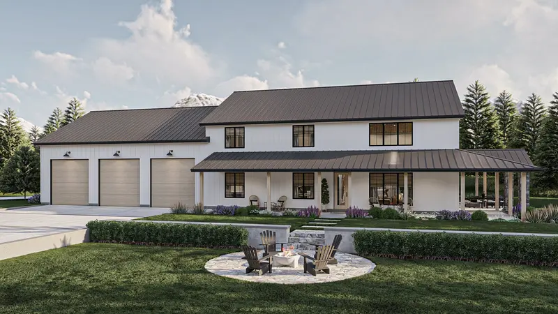 Spacious Barndominium Blueprint: Wraparound Porch, Loft, And Quad-Car Garage (3,476 Sq Ft) 1