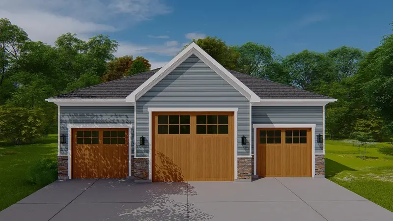 Three-Car Detached Garage Plan Including Workshop And Full Bathroom 1