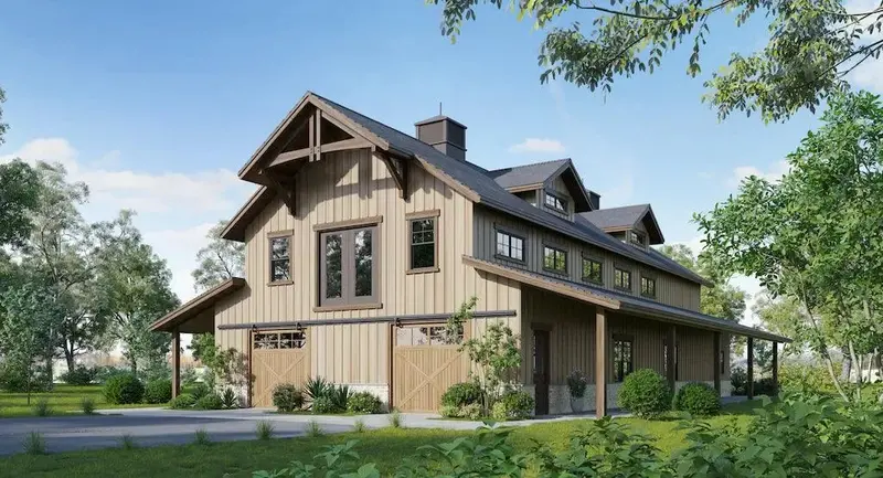 Traditional Two-Bedroom Floor Plan With Side-Entry Garage And Dual Porch Configuration 1