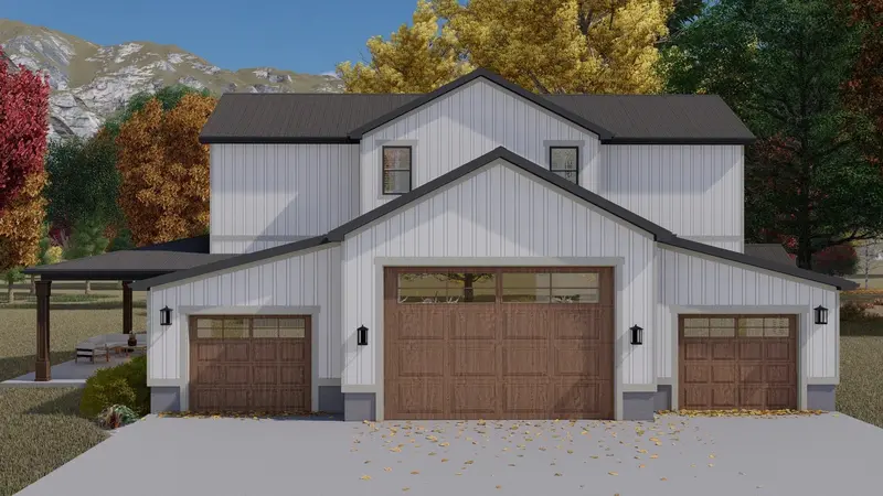 Two-Bedroom Barndominium Floor Plan With Front/Back Porches And 3-Car Garage 1