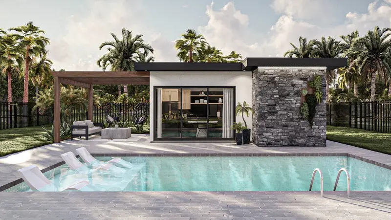 Versatile Pool House Design: Covered Patio, Full Bath & Compact 306 Sq Ft Outdoor Retreat 1